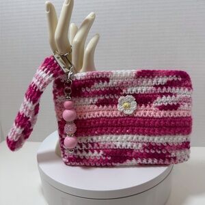 Pink and White Crochet Wristlet